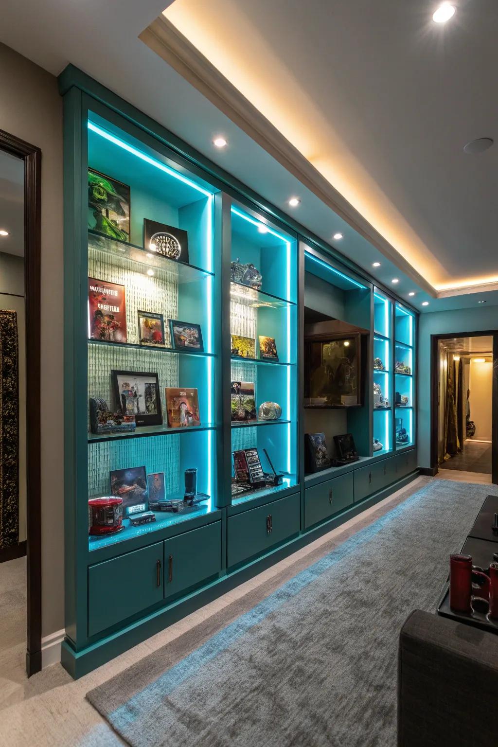 Backlit shelves highlight your collections with elegance.