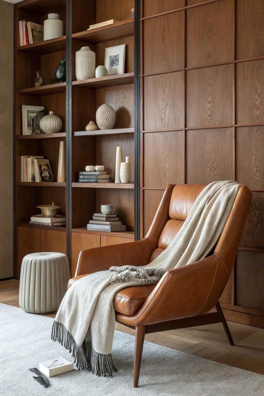 Introduce luxurious texture with leather wall panels that add warmth and sophistication. 📚 #LuxuryLiving #HomeStudy #InteriorTextures