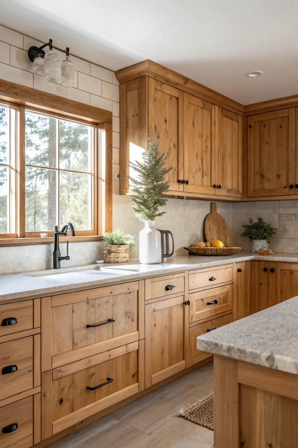Create a kitchen rich in texture by pairing knotty pine with varied materials. #TexturedSpaces #DesignDetails