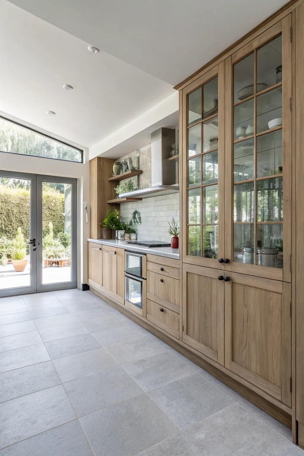 Glass elements add elegance and light to kitchens with grey floors.