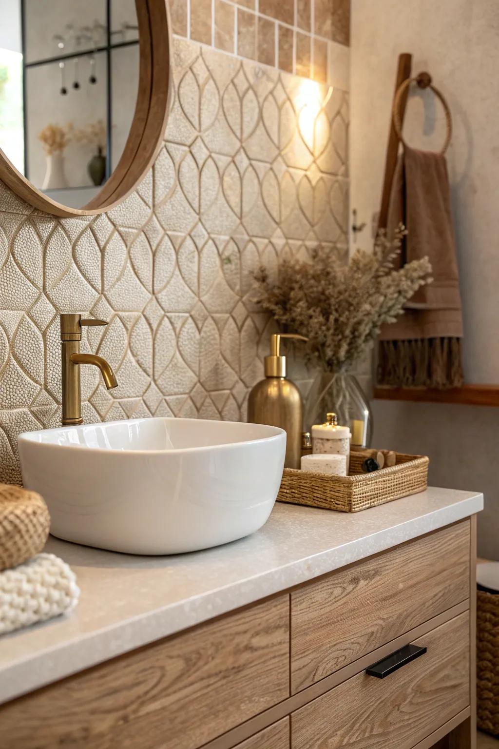 Add a touch of texture to your bathroom with tiles that intrigue and invite. 🌟 #TexturedTiles #BathroomStyle