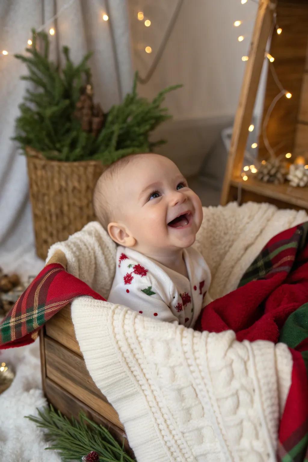 Capture the joy of baby's first Christmas with a heartwarming smile.