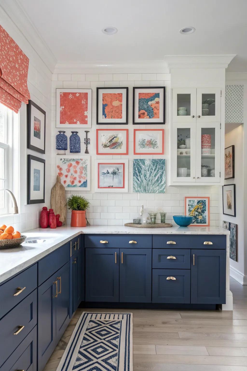 Personalize your kitchen with an eclectic art display that showcases your unique style.