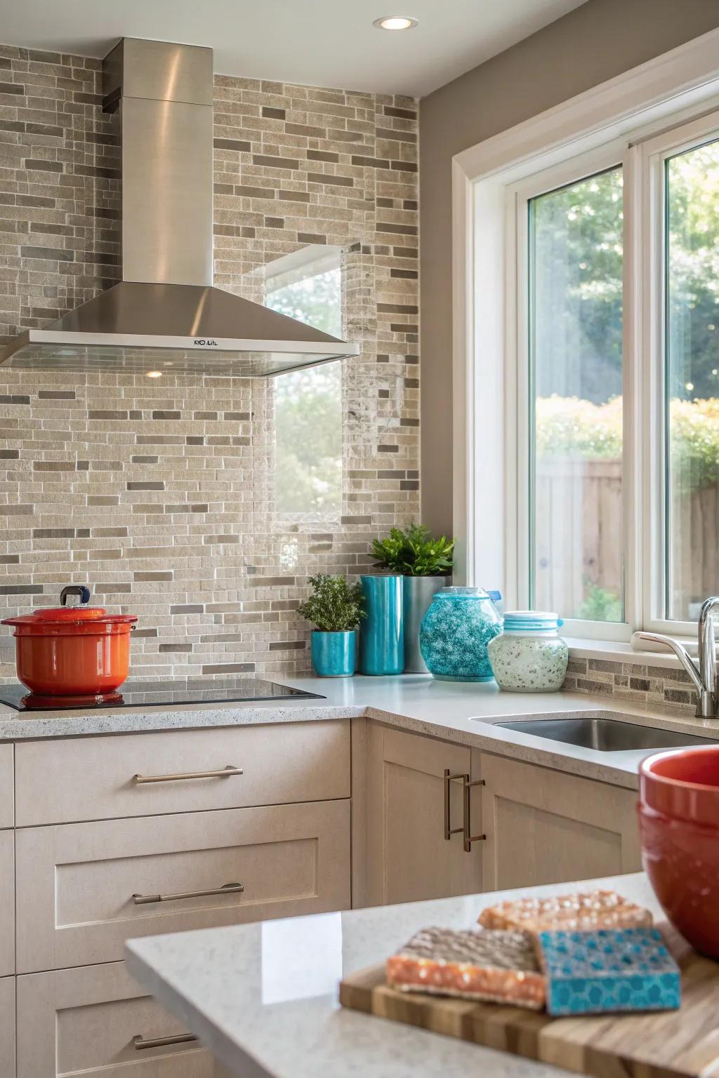 Glass mosaic strips infuse kitchens with dreamy ambiance and subtle sophistication.