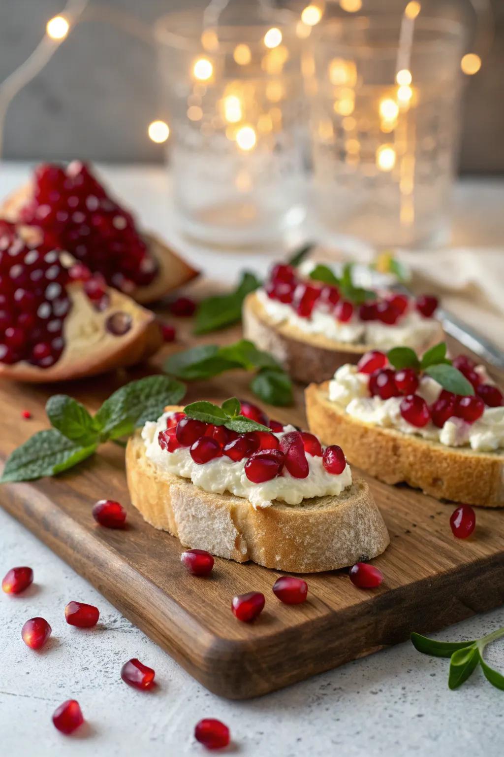 Savor the delightful combination of pomegranate and goat cheese in these festive crostini. 🥖💫 #CrostiniCraze #HolidayFlavors #PartyAppetizers