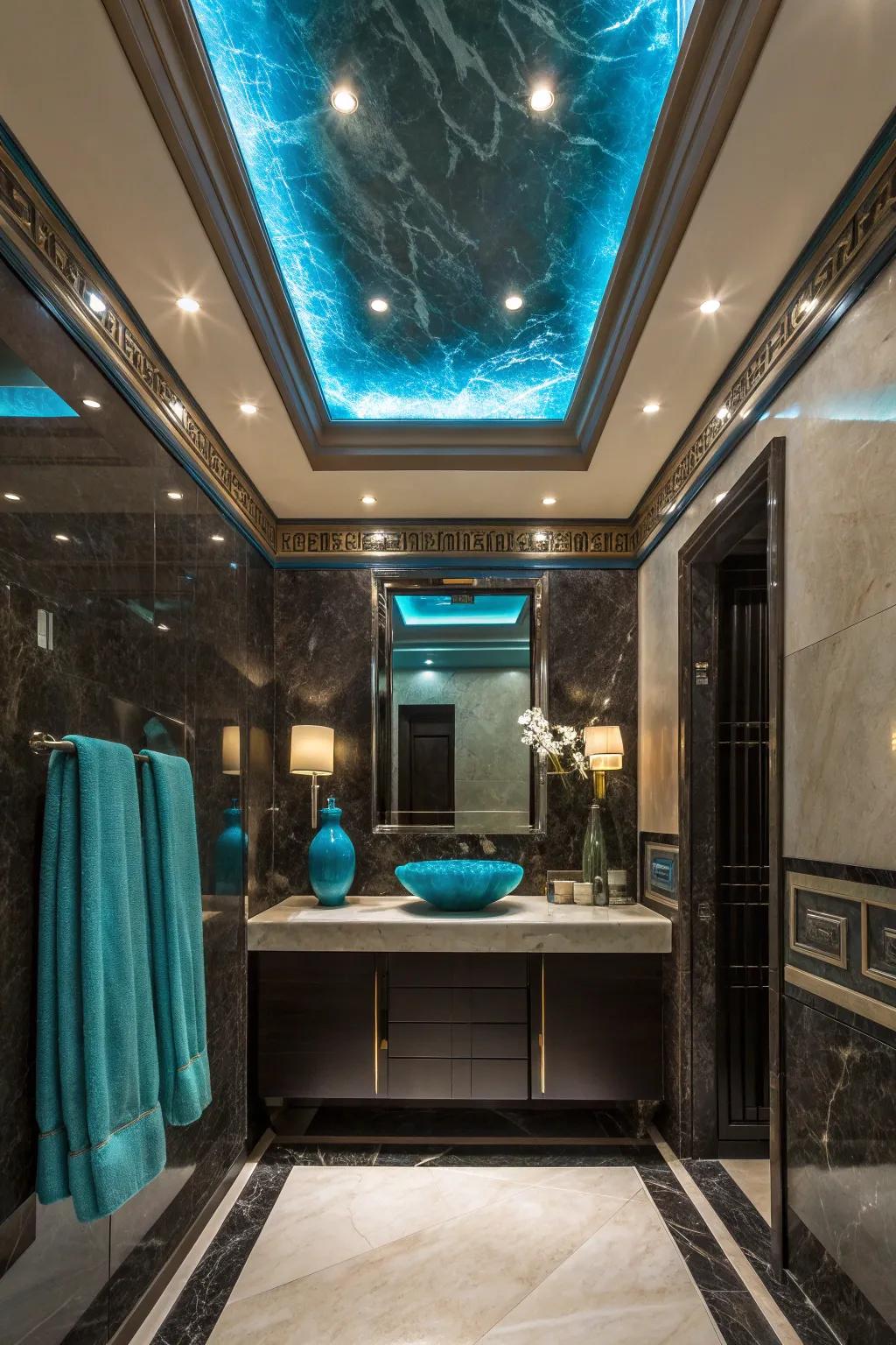 Turn heads with an onyx ceiling feature that transforms your bathroom into a luxurious retreat. 🌌✨ #CeilingDesign #OnyxElegance