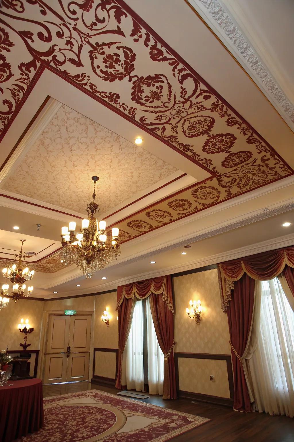 Add a touch of elegance with damask patterns on your ceiling, creating a regal and refined space.