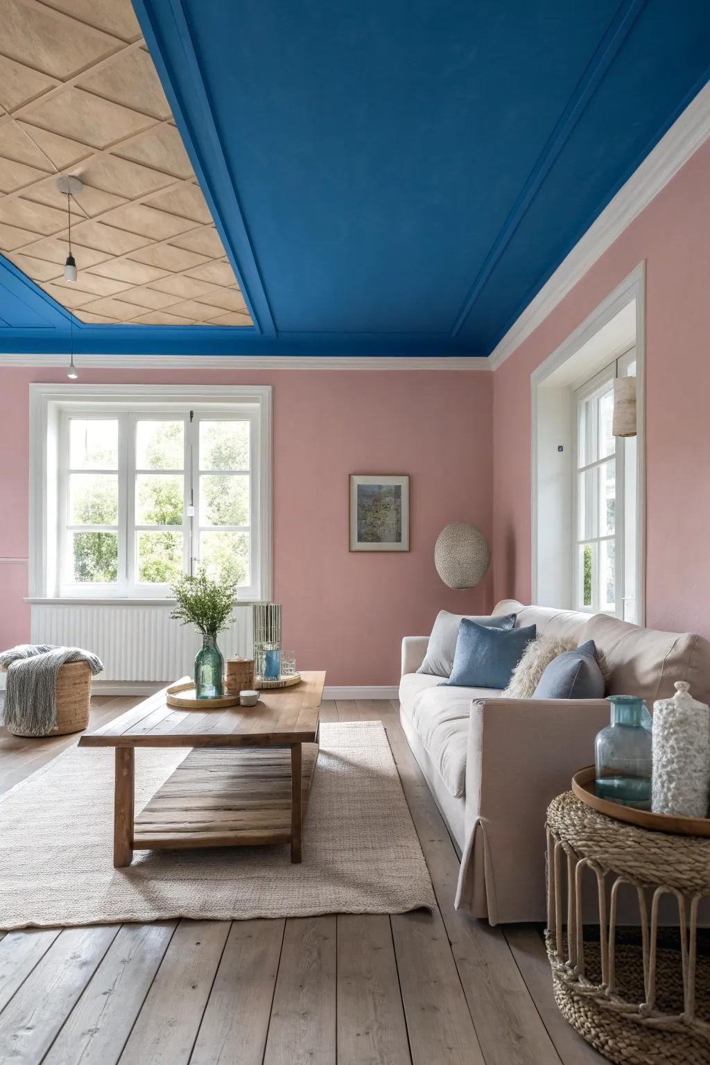 A bold ceiling color creates a dramatic and eye-catching living room design. #CeilingDrama #BoldChoices