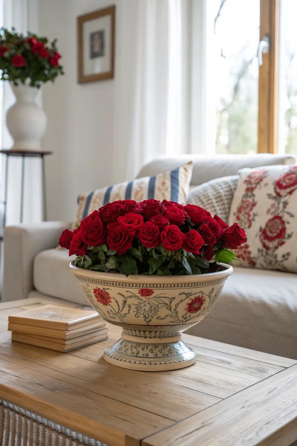 Grand elegance with an ornate bowl filled with stunning red roses.