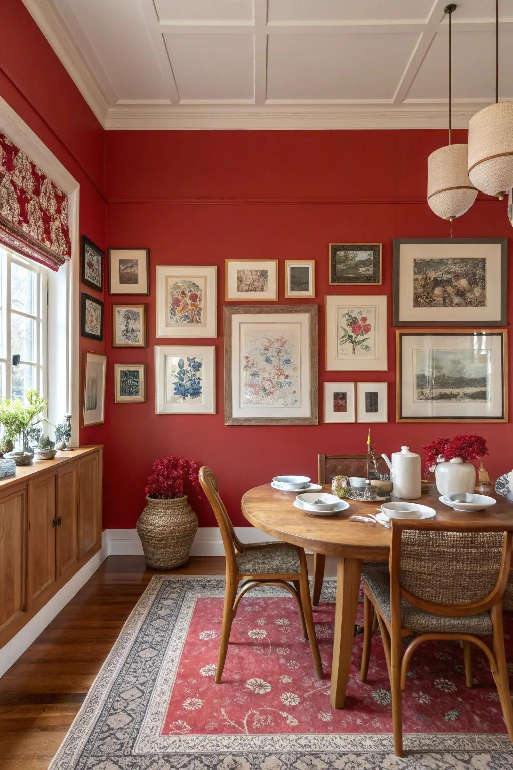 A red gallery wall becomes a striking focal point in your dining room. 🖼️ #GalleryWall #DiningRoomDecor
