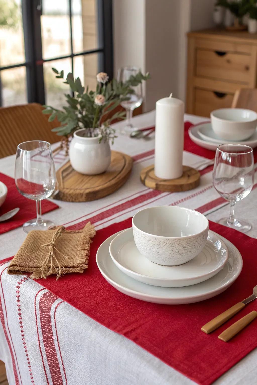 The classic red and white contrast creates a crisp and timeless table setting.