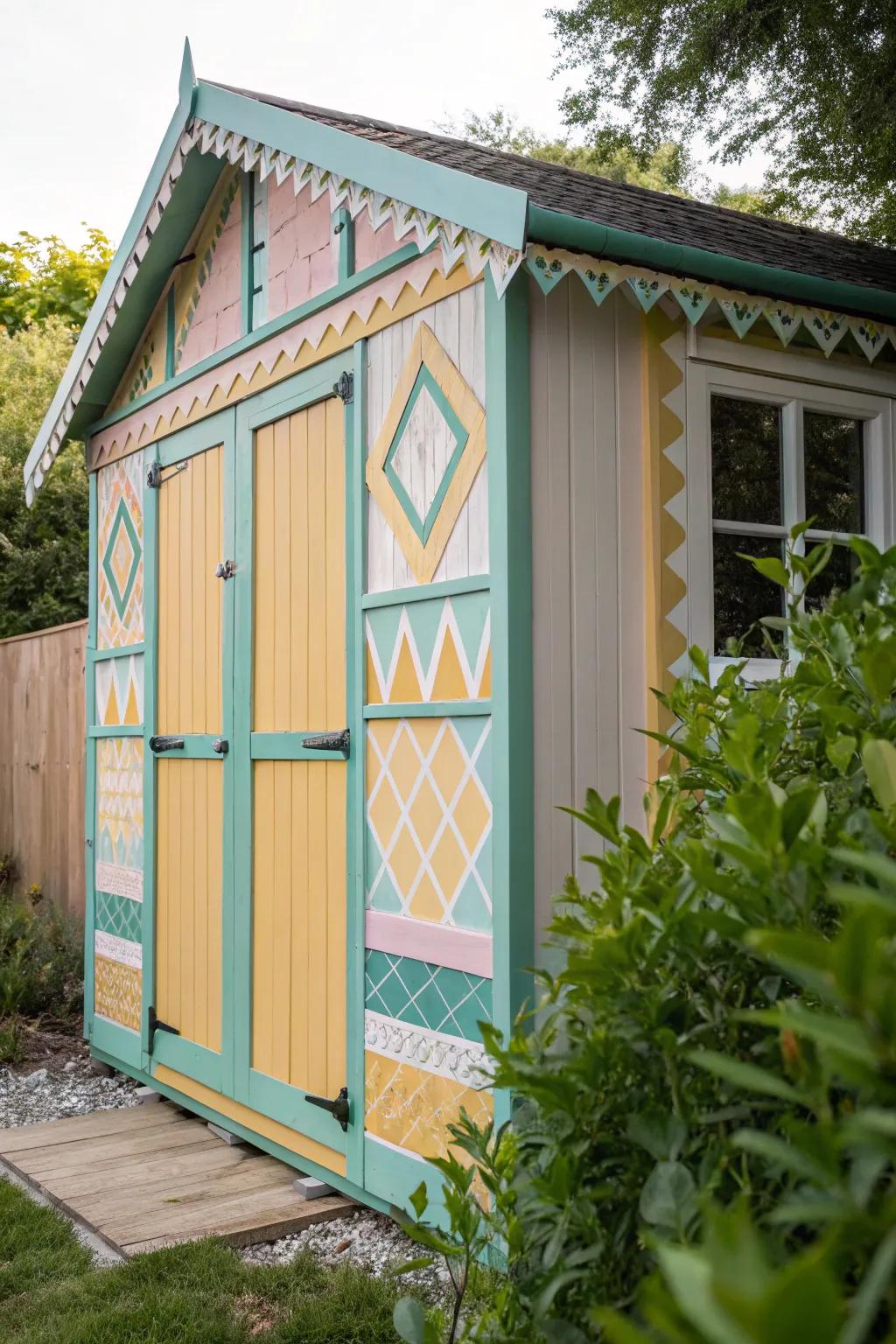Painted patterns add a playful twist, infusing your shed with vibrant personality. #PlayfulDesign #CreativeSpaces #GardenInspo