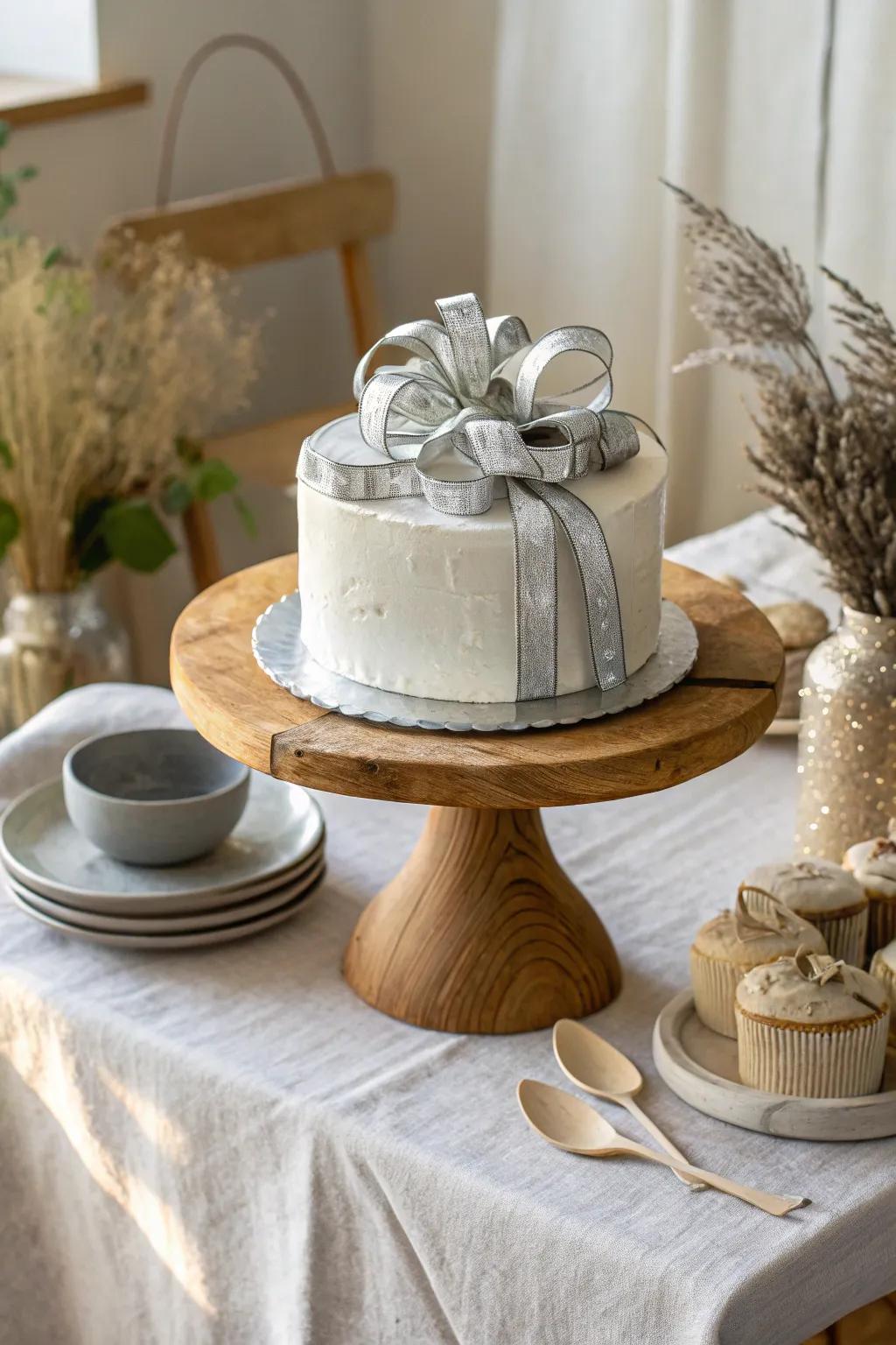 Silver ribbon bundles that add a festive and fun element to your cake.