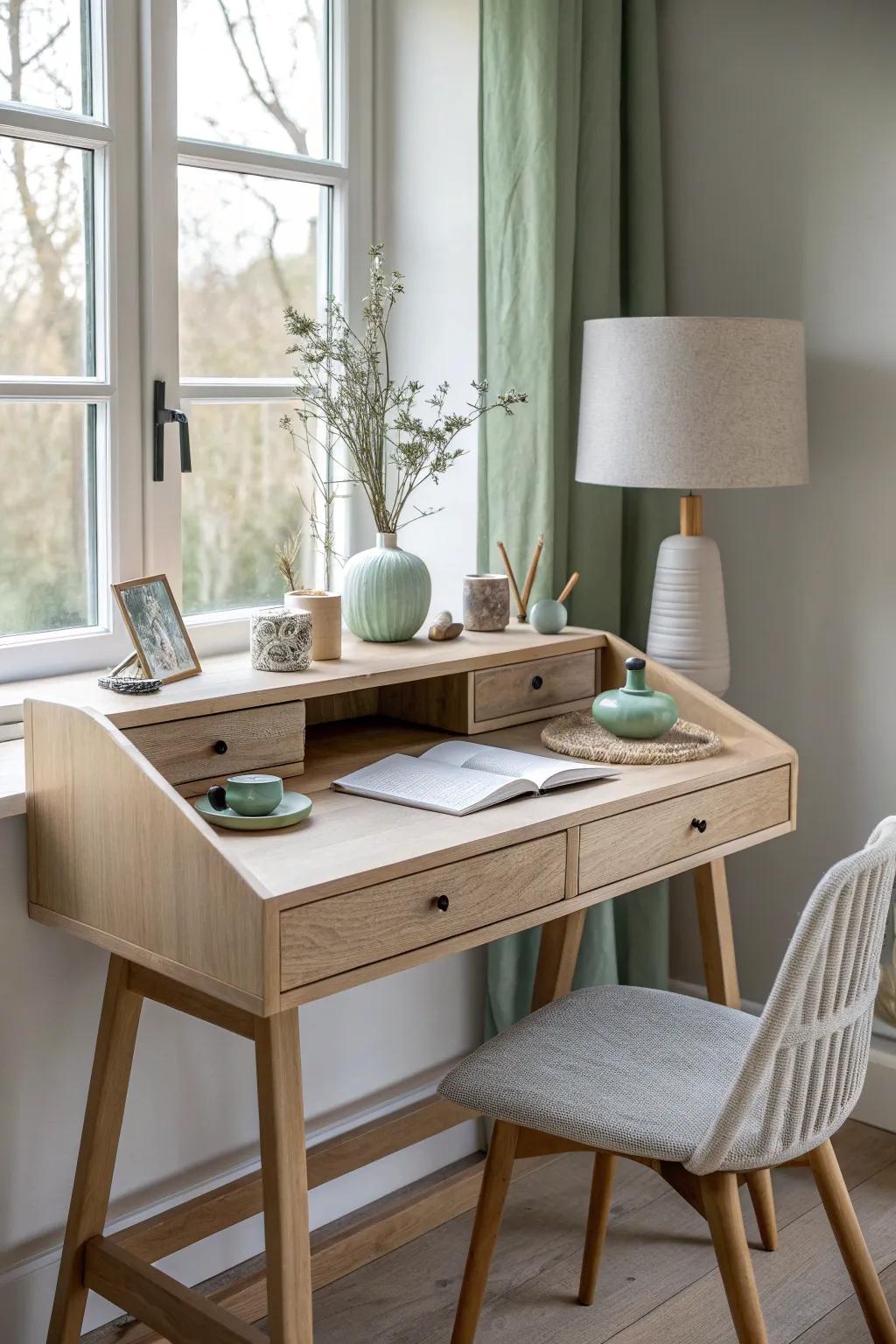 Shift effortlessly between self-care and productivity with a versatile vanity-to-desk setup.