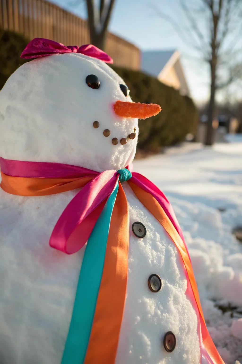 Ribbons create a soft, charming smile for your snowman.