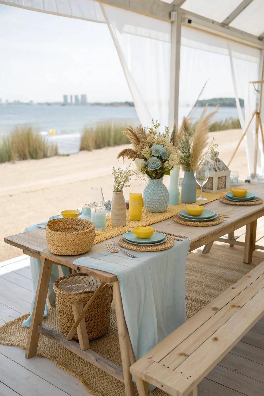 Embrace serenity and joy with the peaceful palette of yellow and light blue.