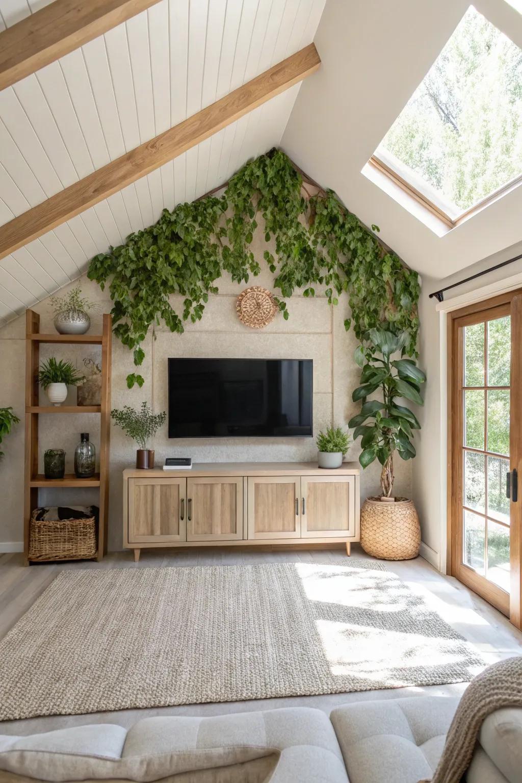 Natural elements bring freshness and vitality to your TV area, enhancing the ambiance of your home. 🌿 #NatureInspired #FreshDecor