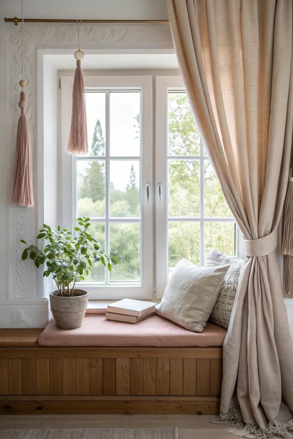 Tassels add a playful touch to your window seat curtains.