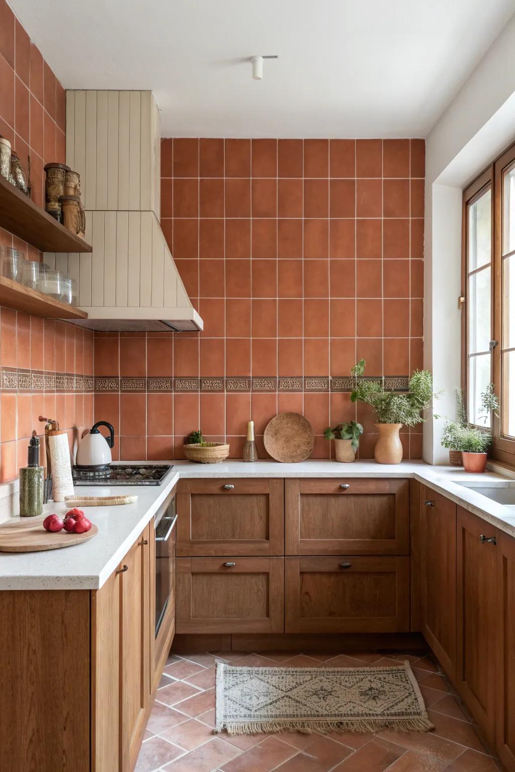 Terracotta hues add warmth and charm, creating a relaxed vibe with cherry wood.