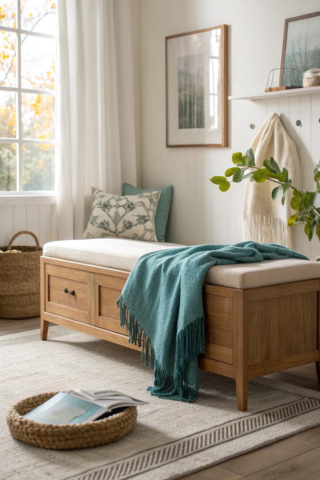 Turn your storage bench into an artistic statement that elevates your bedroom decor.