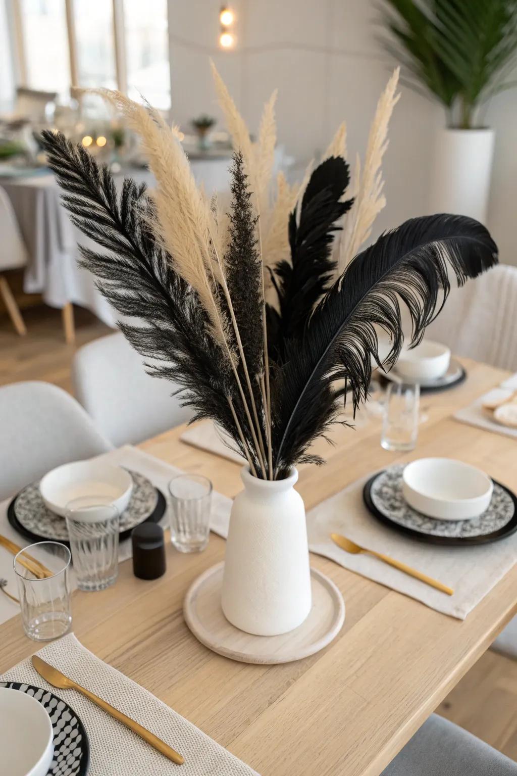 Whimsical and unique: black feathers add an unexpected touch to your centerpiece.