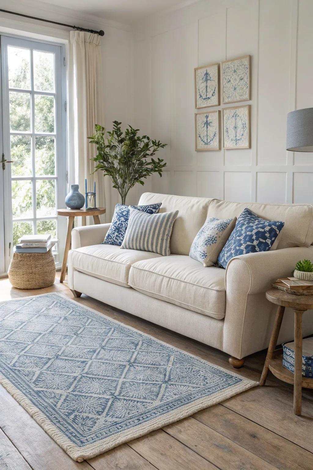 A monochrome palette in blue and cream creates a serene and sophisticated living space. 🎨 #MonochromeDesign #LivingRoomHarmony