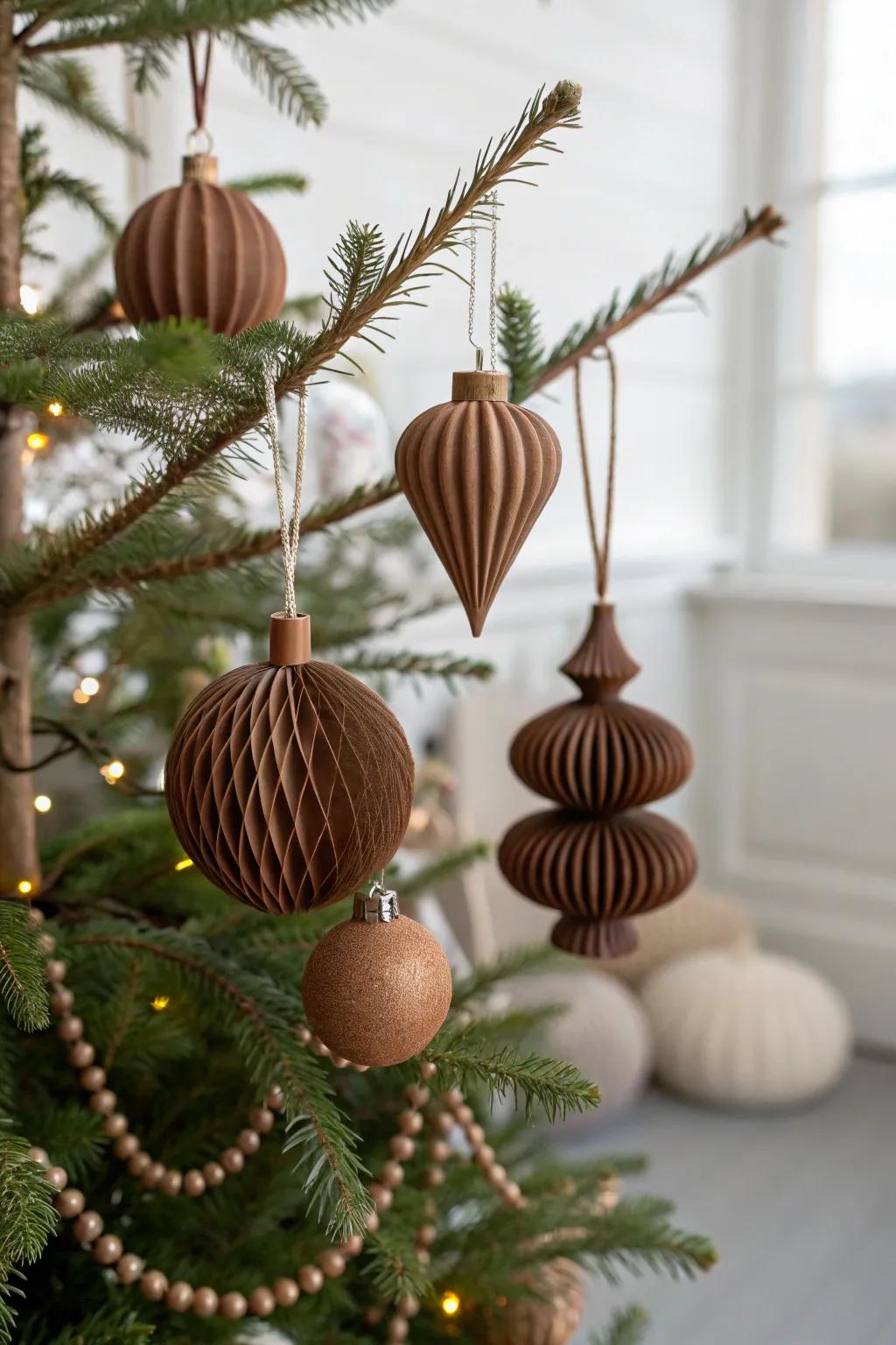 Vintage brown ornaments bring a sense of history and warmth to this charming Christmas tree.
