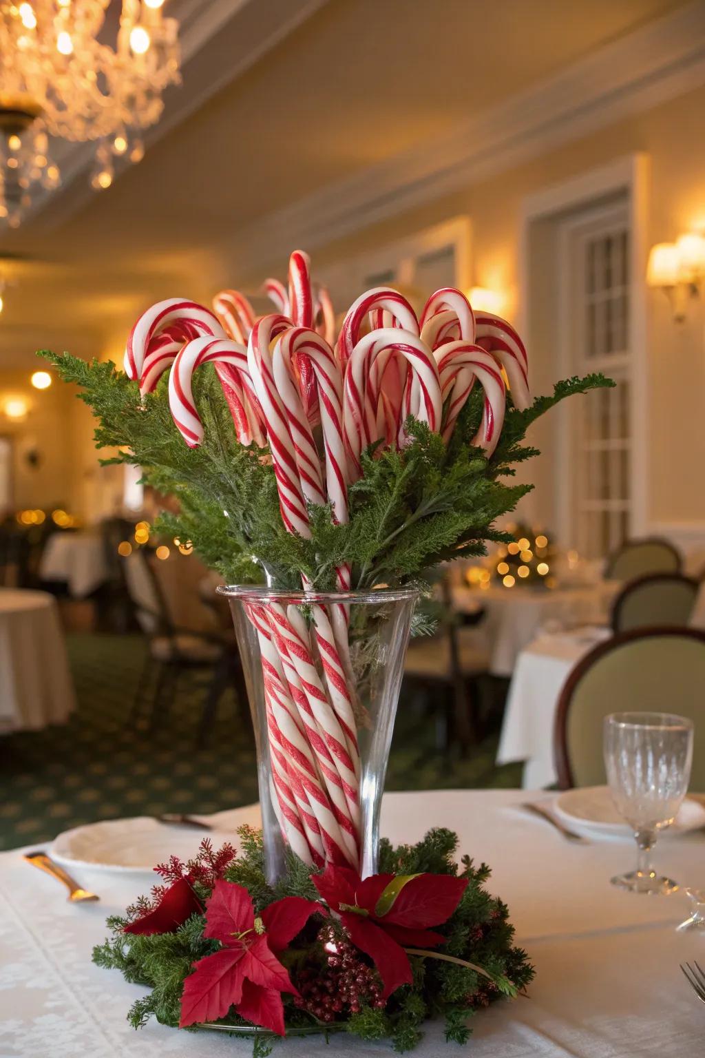 Make your table a holiday masterpiece with candy cane centerpieces. #TableDecor #HolidayCenterpiece 🍽️
