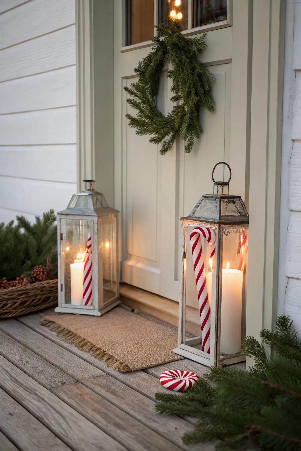 Illuminate your entrance with candy cane striped lanterns that add a magical glow to your holiday decor.