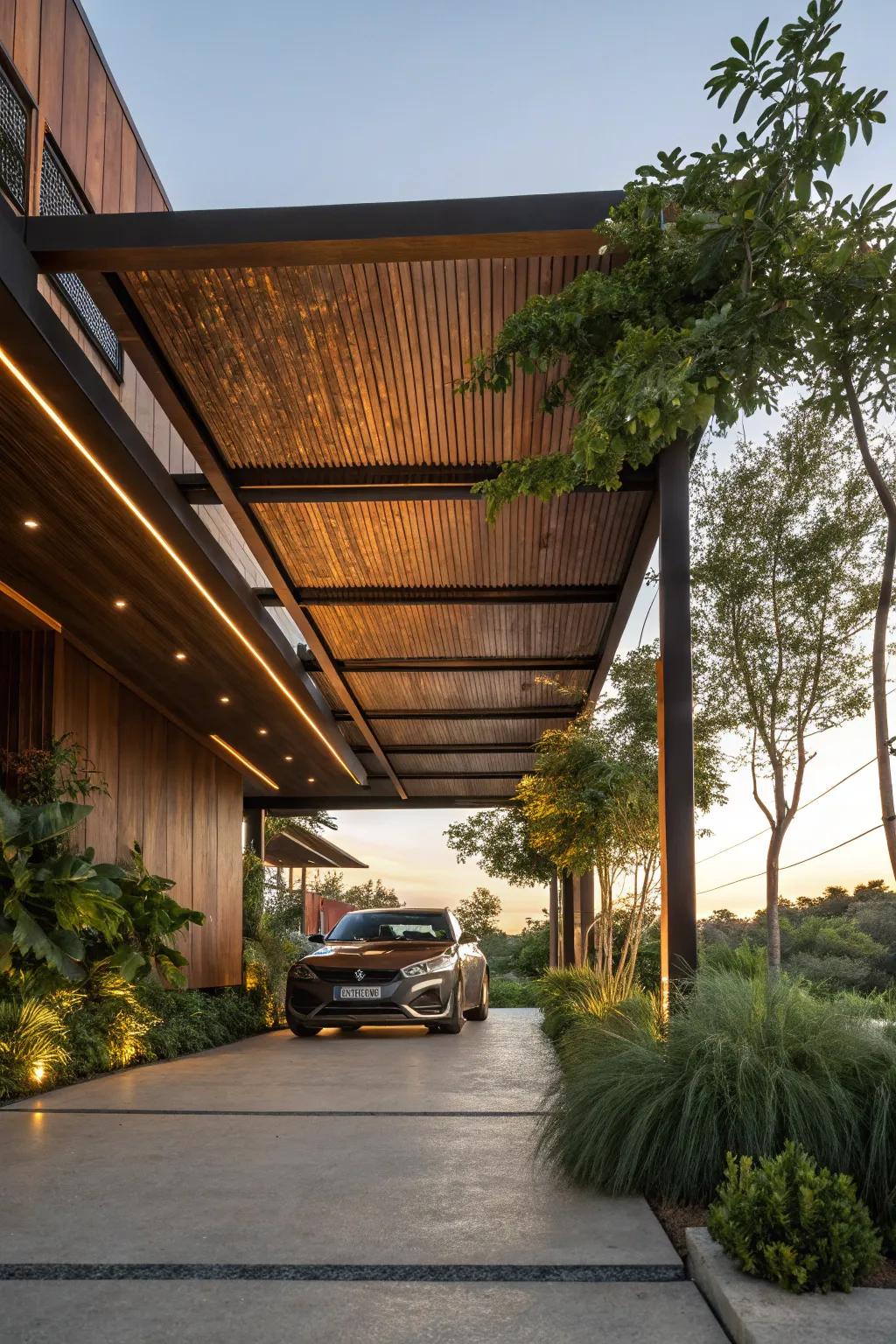 Choose rust-resistant metal for a durable, long-lasting carport ceiling with modern appeal.