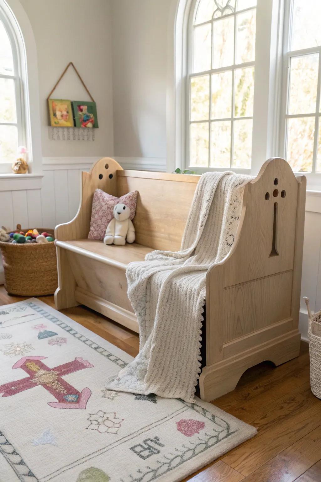Create a playful and durable space for children with a church pew as part of the playroom.