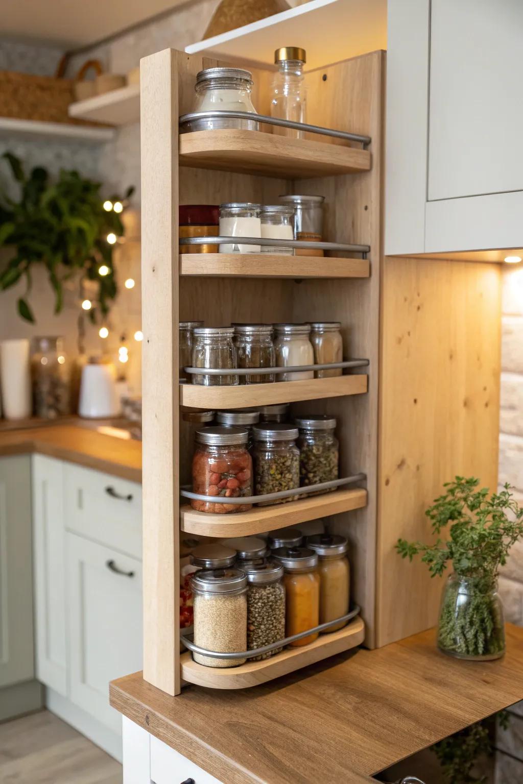 Elevate your storage game with tiered shelving that adds visibility and access. 🧂 #TieredShelving #KitchenOrganization