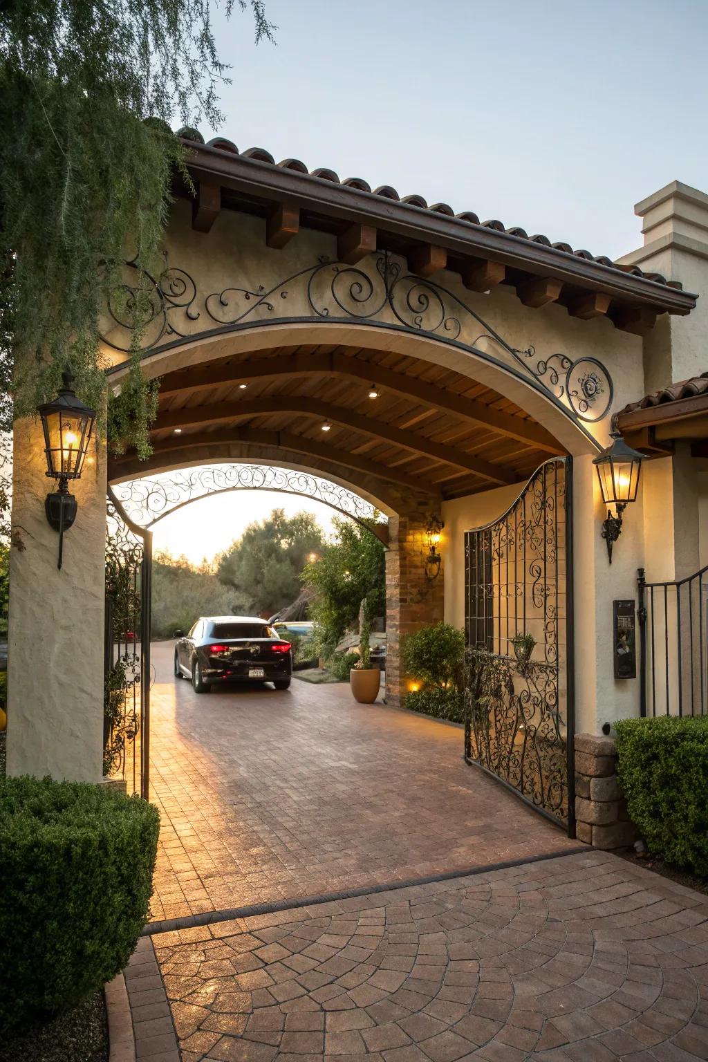 Introduce elegance with an arched entry carport that serves as a statement piece.