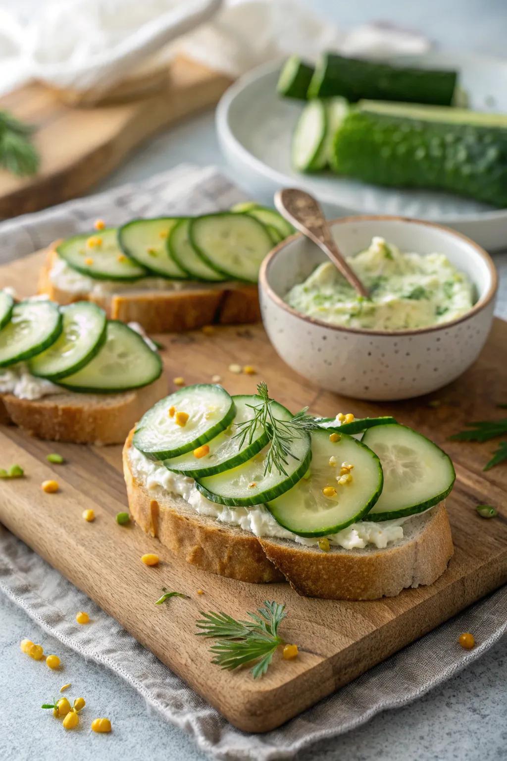 Indulge in the savory comfort of garlic herb cucumber sandwiches.