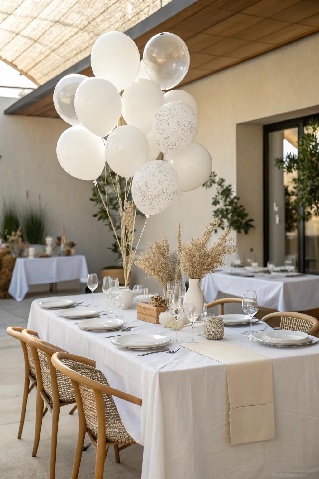 Add whimsy and joy to your table with elegant white balloons. #BalloonDecor #WhimsicalDining #Celebration