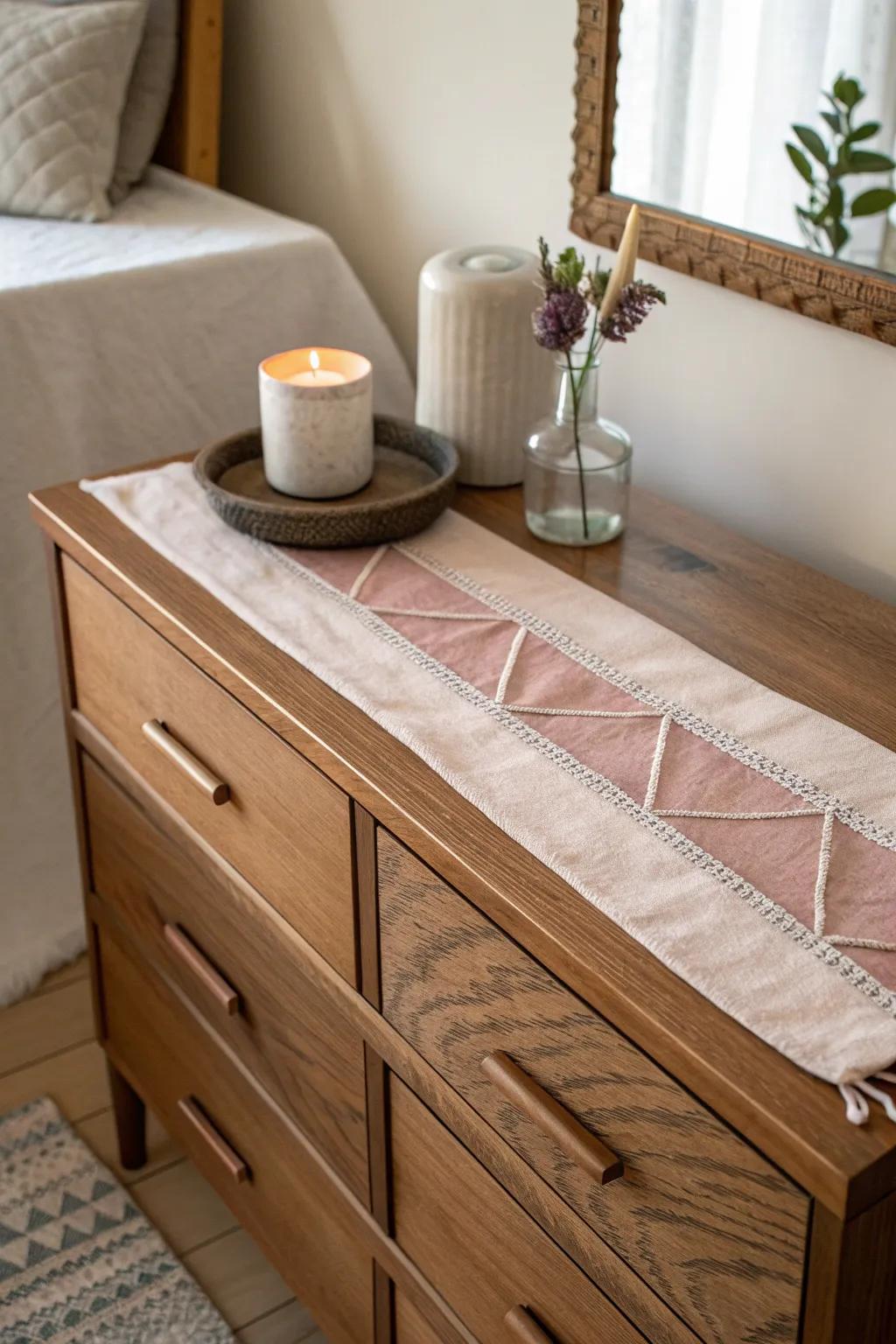 Soft textures transform your dresser, adding warmth and style to the arrangement. 🧵 #TextileInspiration #CozyDecor