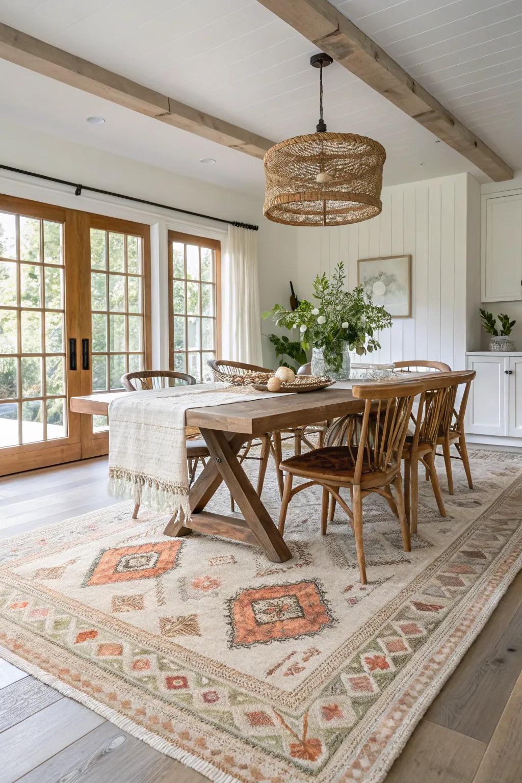 Hand-knotted rugs become a centerpiece, showcasing unique patterns and craftsmanship. 🧶 #CustomRugs #DiningRoomArt