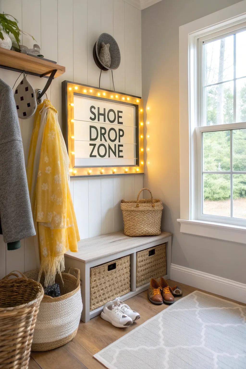 Add a touch of fun to your entryway with signs that combine humor and practicality.