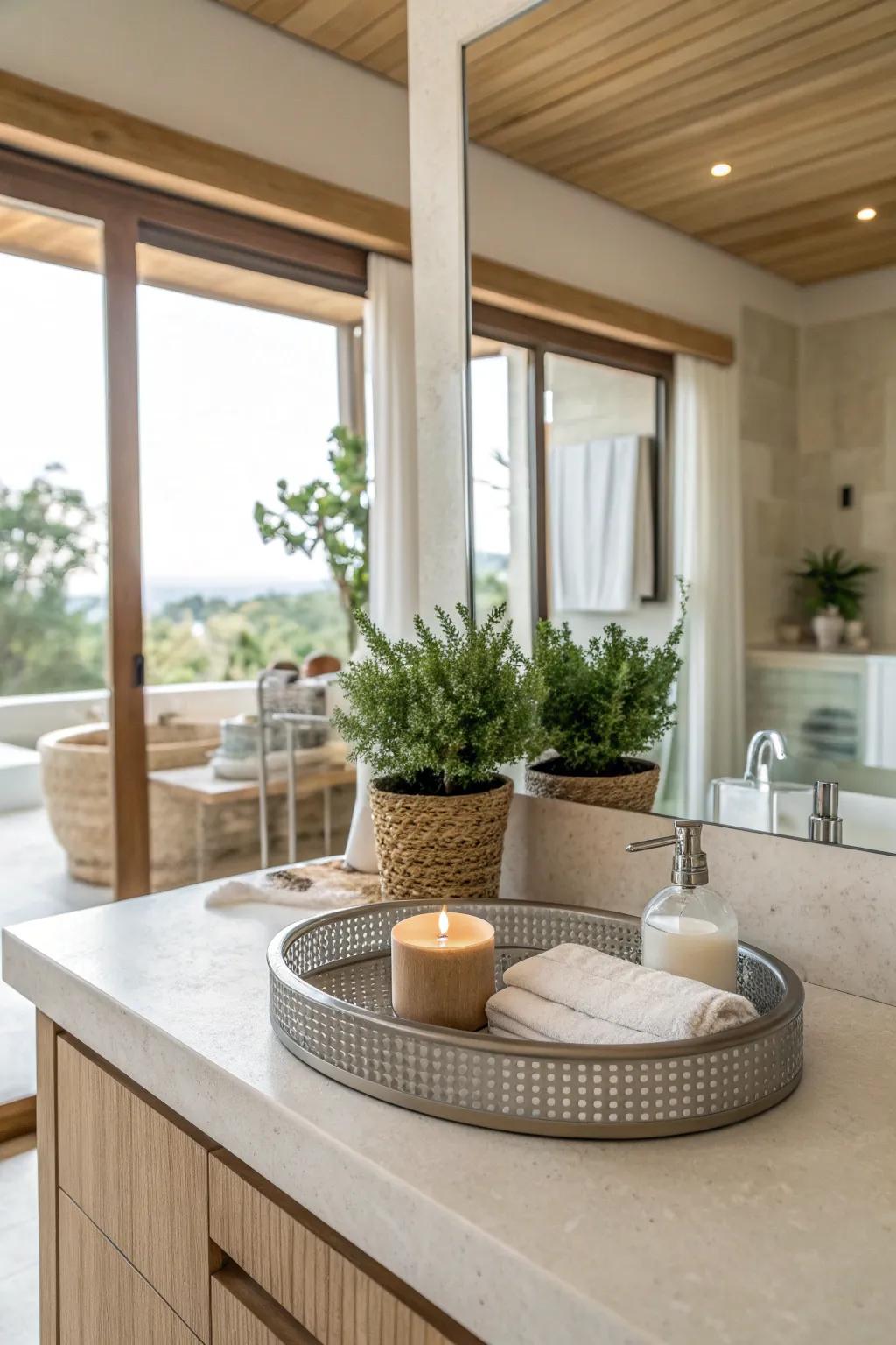 Enhance light and space with a reflective mirror tray. #BrightSpaces #MirrorMagic