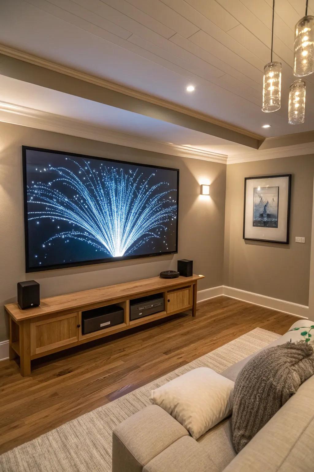 Fiber optic wall art adds a stunning focal point to your theater. #WallArt #HomeTheater #DesignInspiration