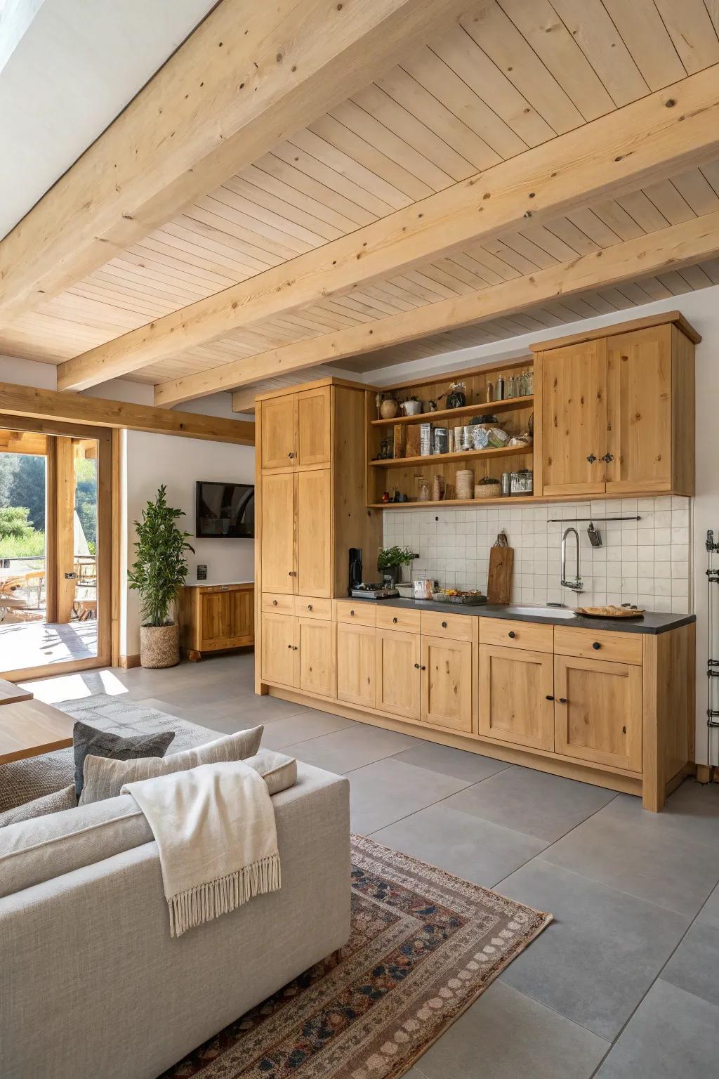 Achieve design harmony by extending knotty pine cabinetry throughout open spaces.