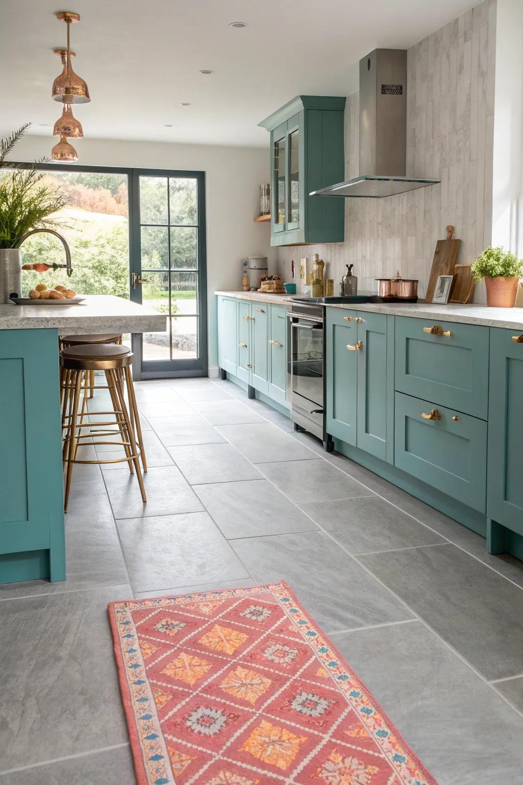 🛠️ Mix metals like copper and brass for a modern flair in kitchens with light grey floors. #MixingMetals #ModernKitchen #HomeStyle