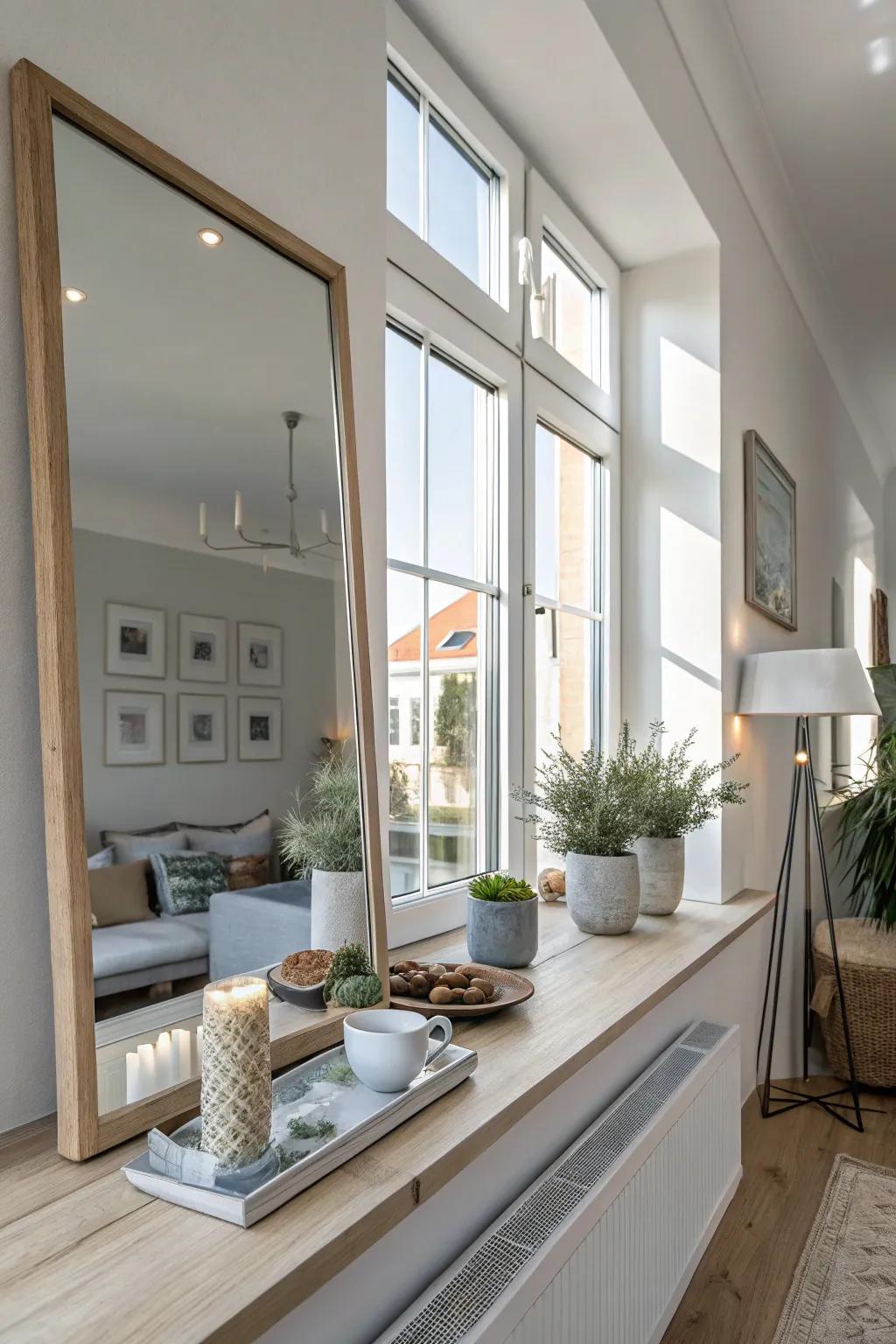 Brighten and enlarge your space with the magic of mirrors on your window sill.