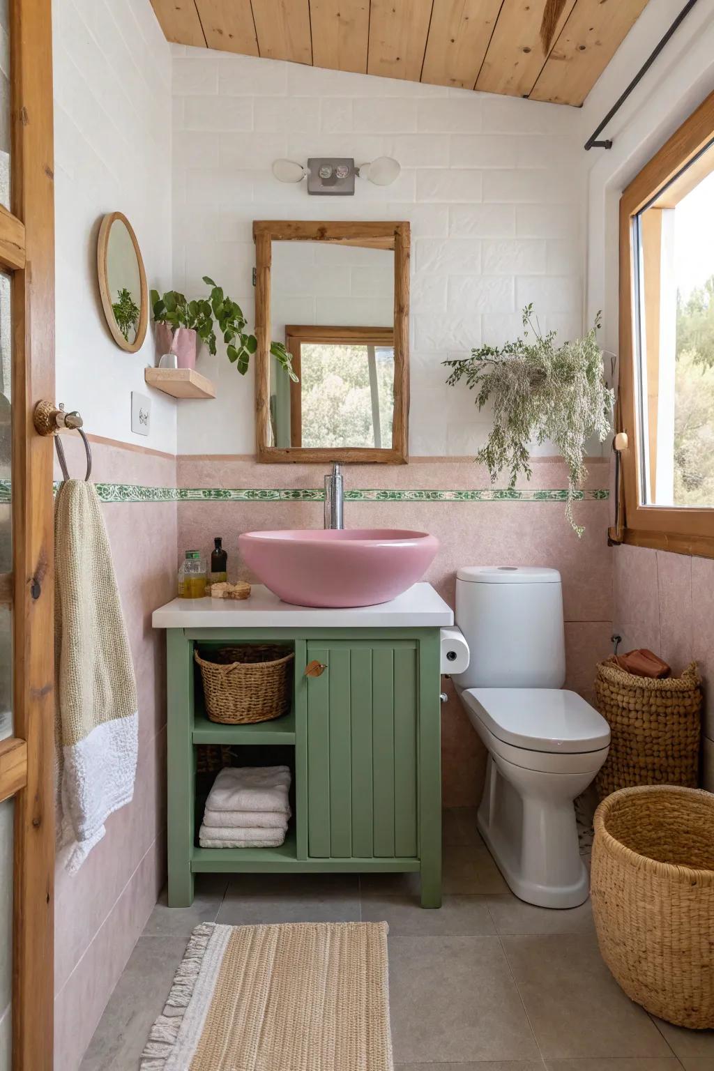 Whimsical and intriguing, colorful fixtures like a pink sink or green toilet add playful surprise.