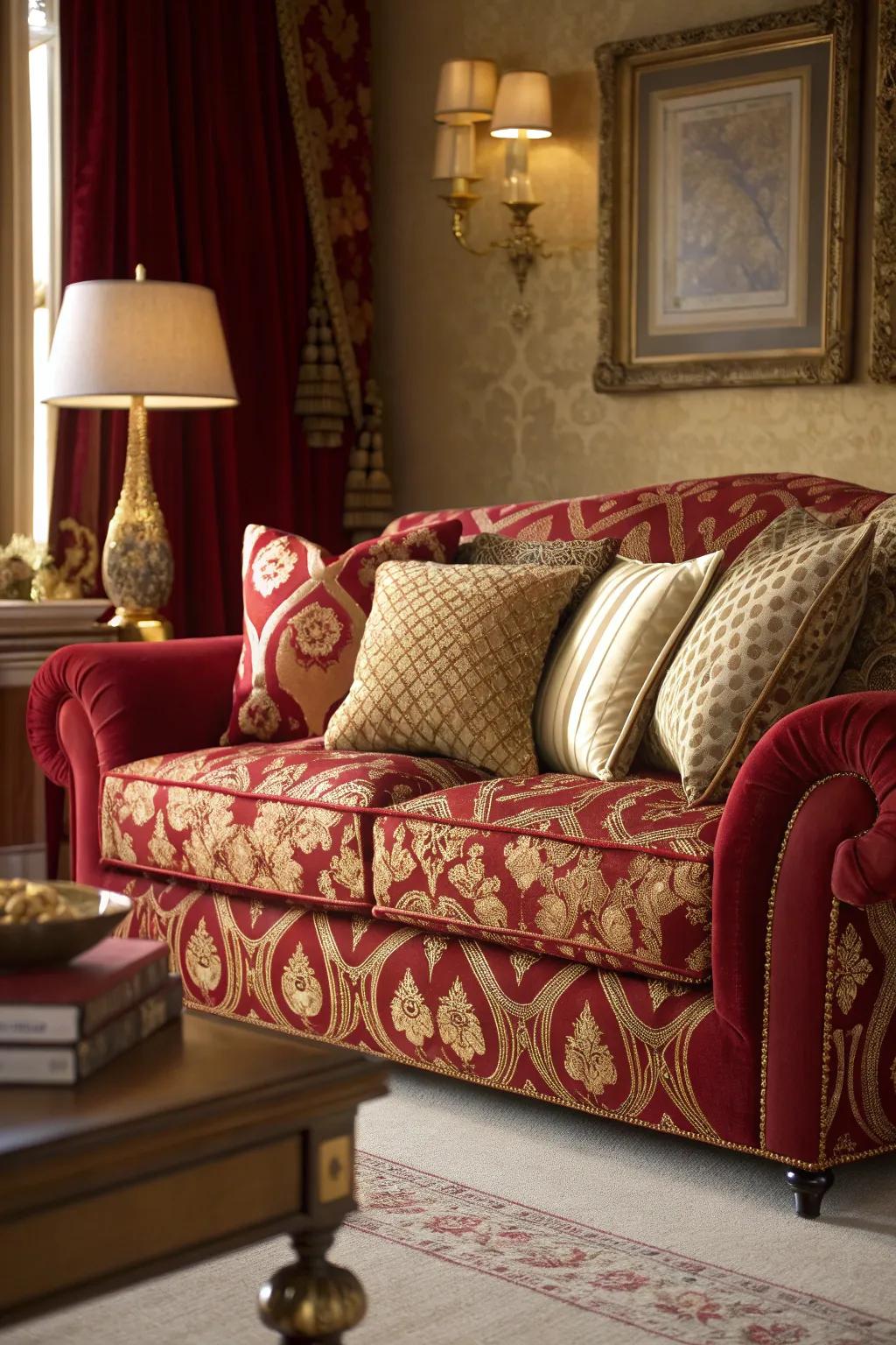 Mixing patterns in red and gold adds character and dynamic interest to your living room.