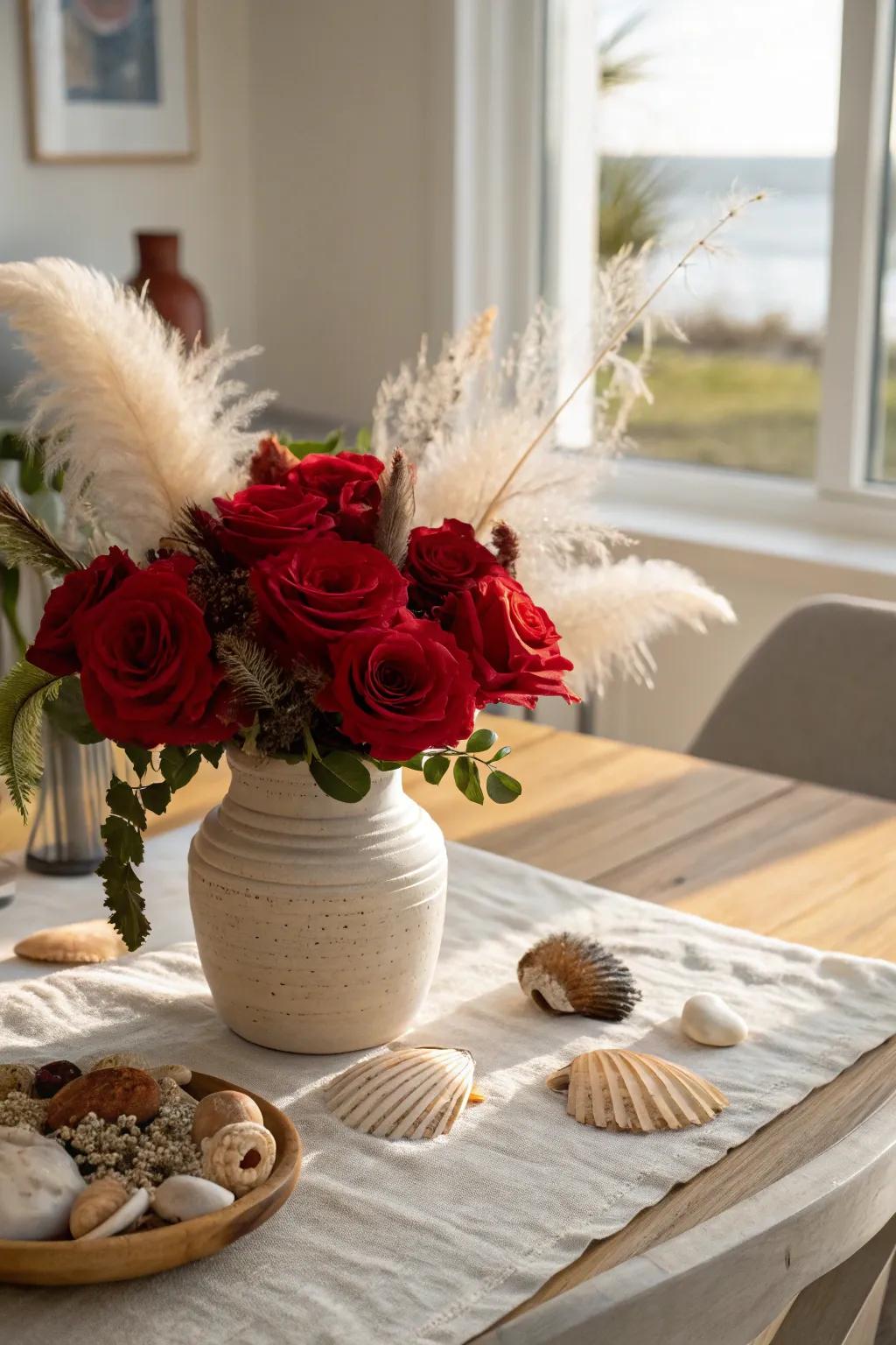 Surprise your guests with creative contrasts of red roses and unexpected elements.