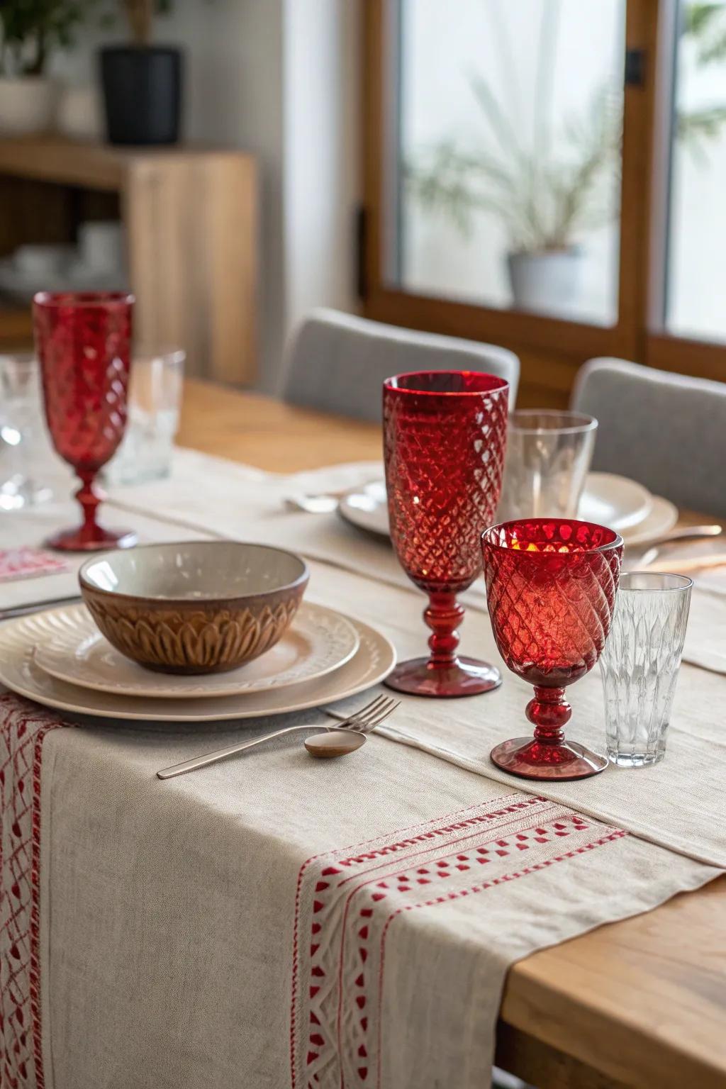 Red glass centerpieces add a bold focal point, perfect for enchanting evening dinners. #GlassDecor #EveningElegance
