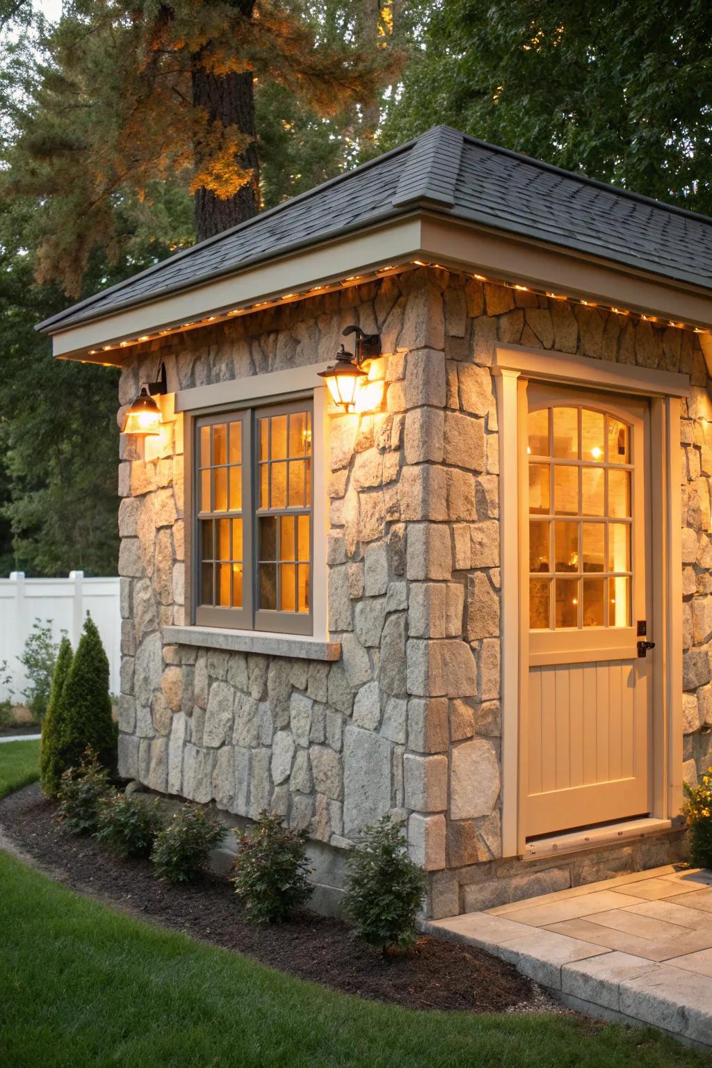 Stone trims provide a classic, sturdy charm, grounding your shed in timeless elegance.