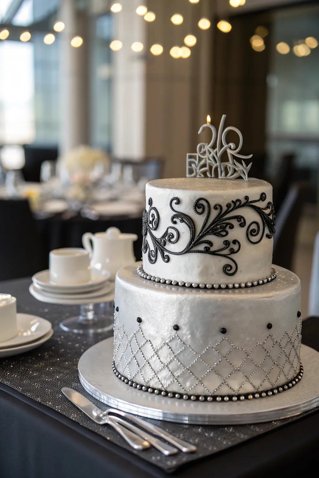 A silver and black cake that stands out with bold contrast and style.