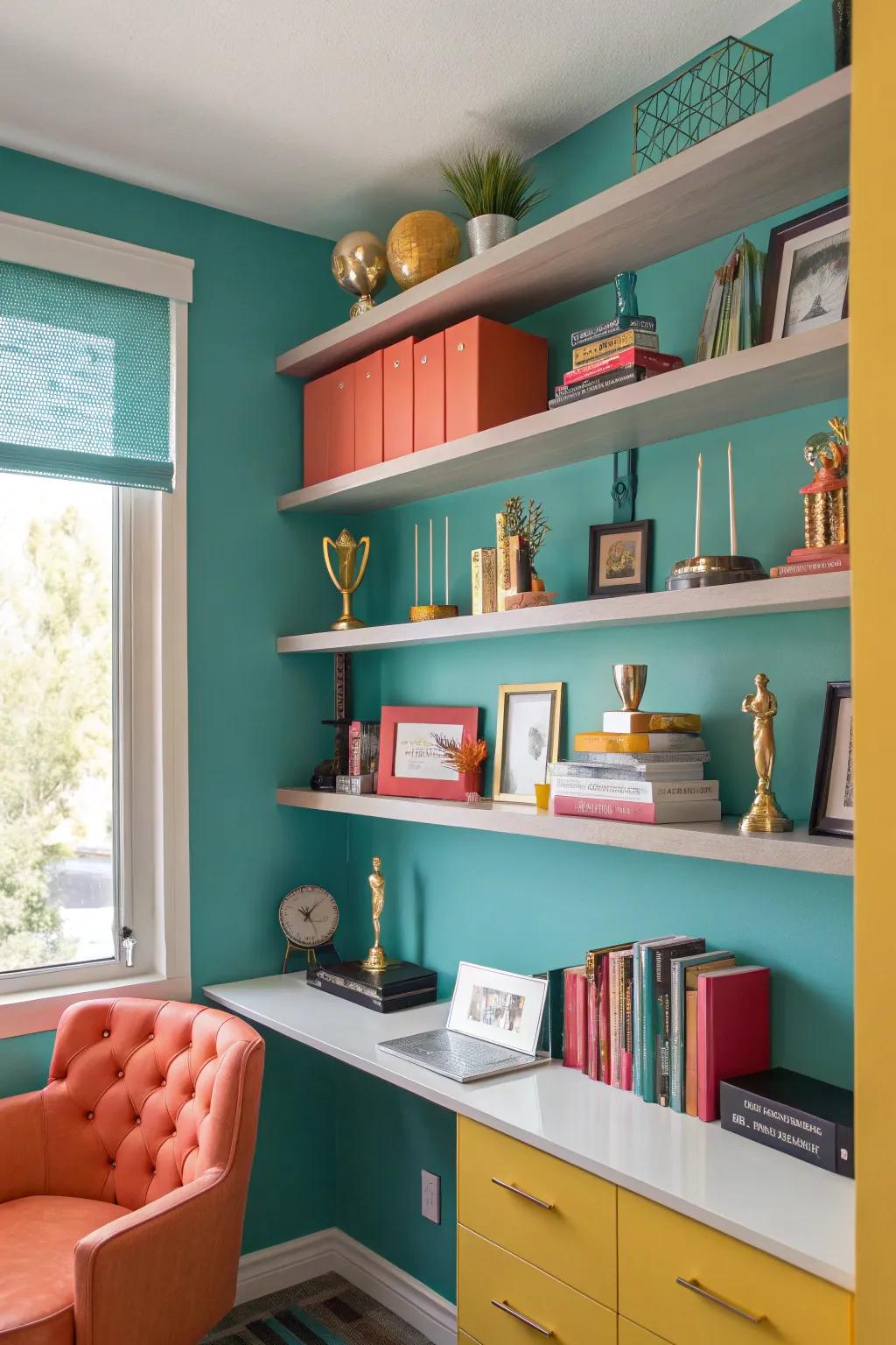 Display your favorites with elegant floating shelves. 📚🏆 #FloatingShelves #OfficeDecor #StylishStorage